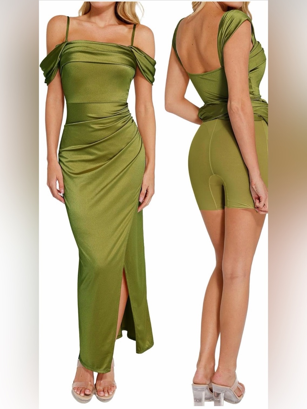 Off-Shoulder Olive Green Satin Maxi Dress with Thigh Slit